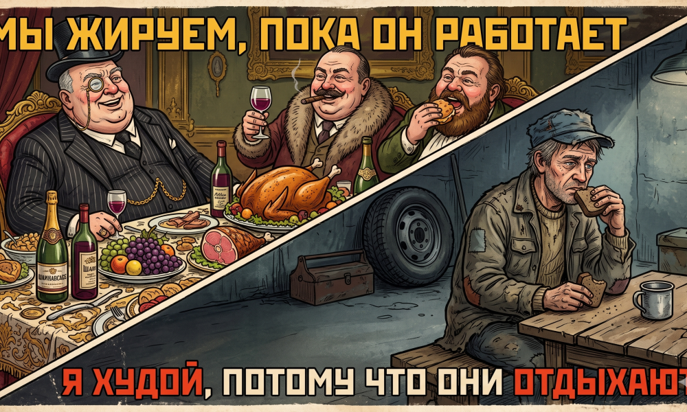 Богачи пируют, а рабочий ест хлеб. Текст: Мы жируем, пока он работает; Я худой, потому что они отдыхают