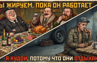 Богачи пируют, а рабочий ест хлеб. Текст: Мы жируем, пока он работает; Я худой, потому что они отдыхают
