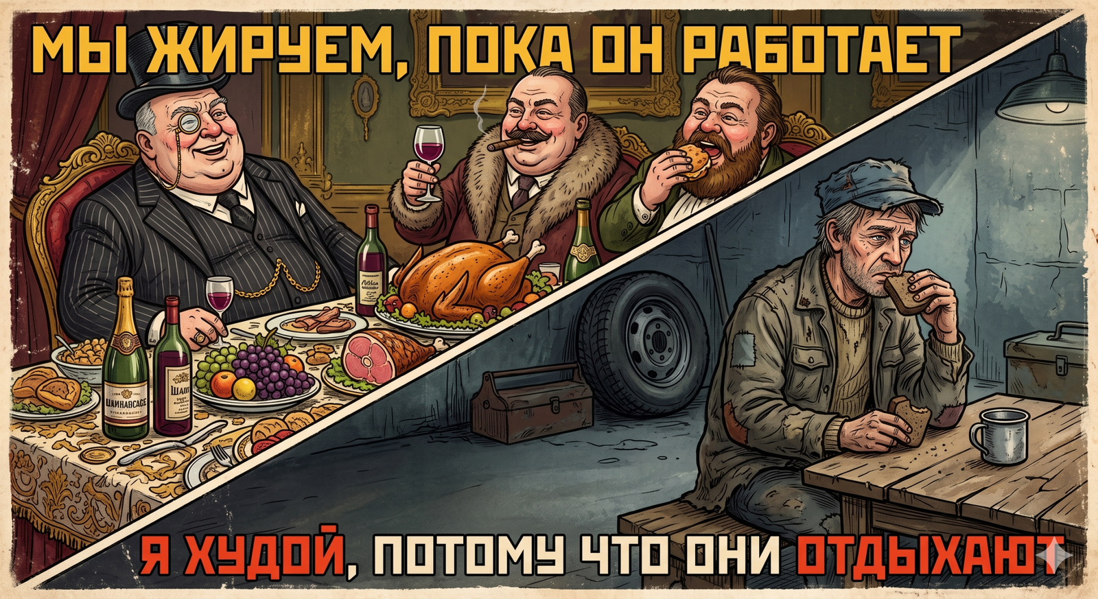 Богачи пируют, а рабочий ест хлеб. Текст: Мы жируем, пока он работает; Я худой, потому что они отдыхают