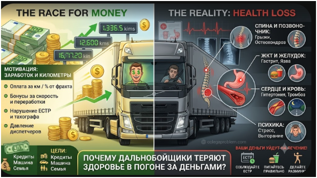 Инфографика: погоня за деньгами разрушает здоровье дальнобойщиков — грыжи, гастрит, гипертония, стресс из-за переработок и нарушений режима труда