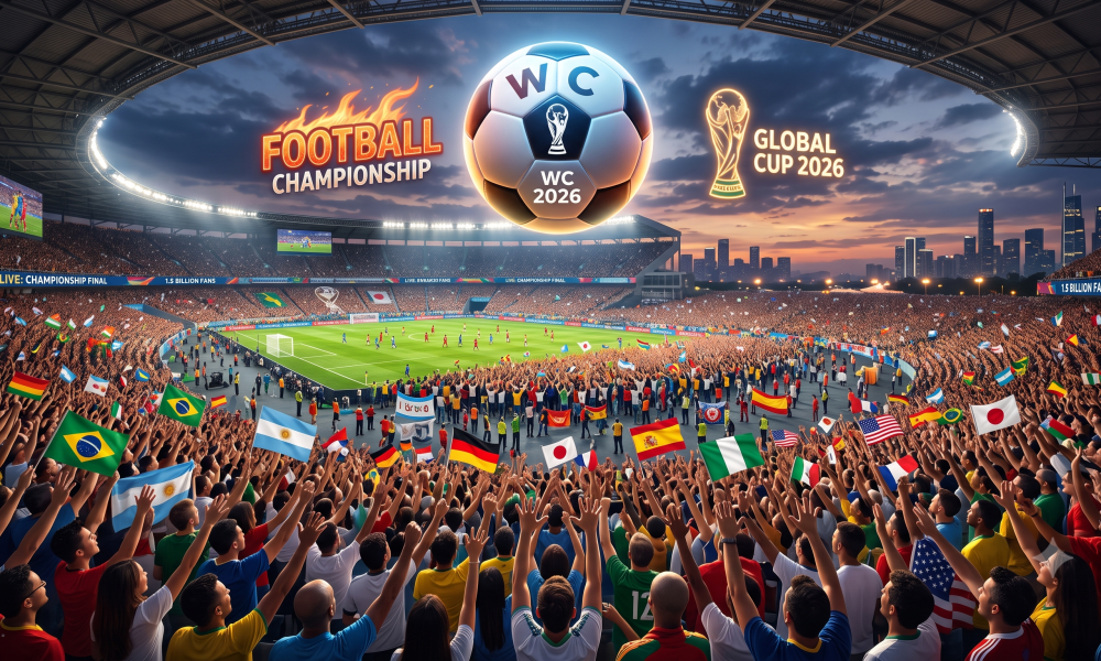 alt="Огромный футбольный мяч Global Cup 2026 над заполненным стадионом с миллионами ликующих фанатов разных стран"