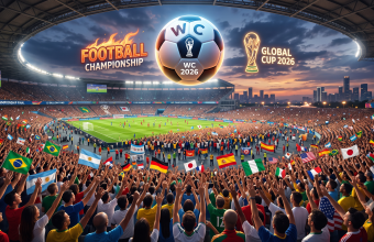 alt="Огромный футбольный мяч Global Cup 2026 над заполненным стадионом с миллионами ликующих фанатов разных стран"