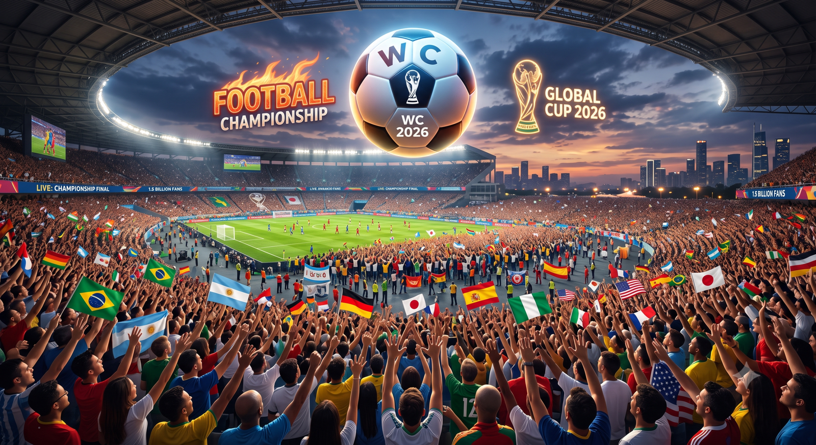 alt="Огромный футбольный мяч Global Cup 2026 над заполненным стадионом с миллионами ликующих фанатов разных стран"