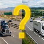 Американский конвенциональный трак рядом с европейским cab-over на фоне дорожных знаков ЕС