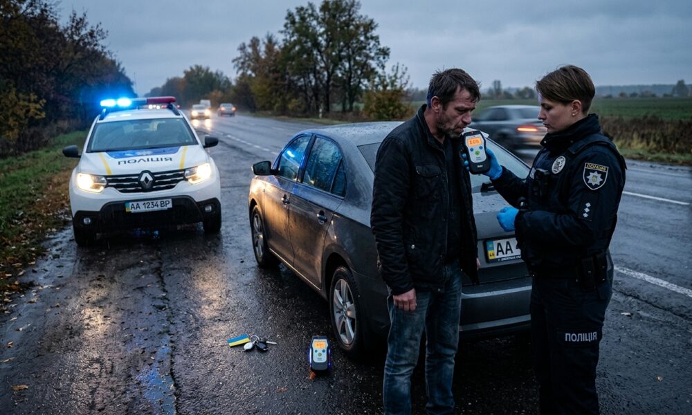 Водій перевіряє рівень алкоголю алкотестером перед посадкою за кермо вранці