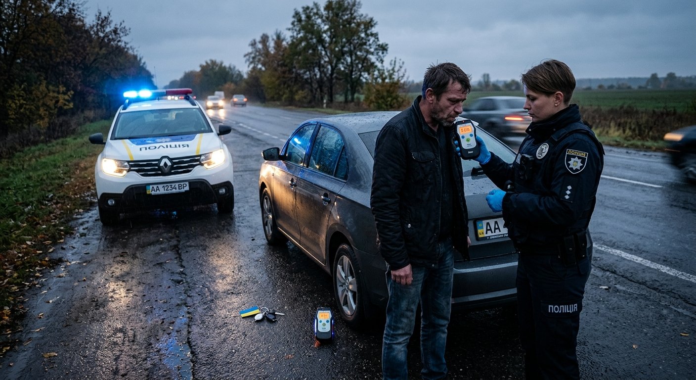Водій перевіряє рівень алкоголю алкотестером перед посадкою за кермо вранці