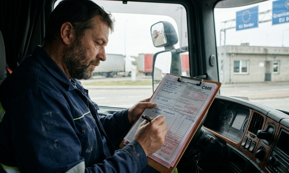 Водитель грузовика заполняет CMR накладную на фоне фуры на европейской границе