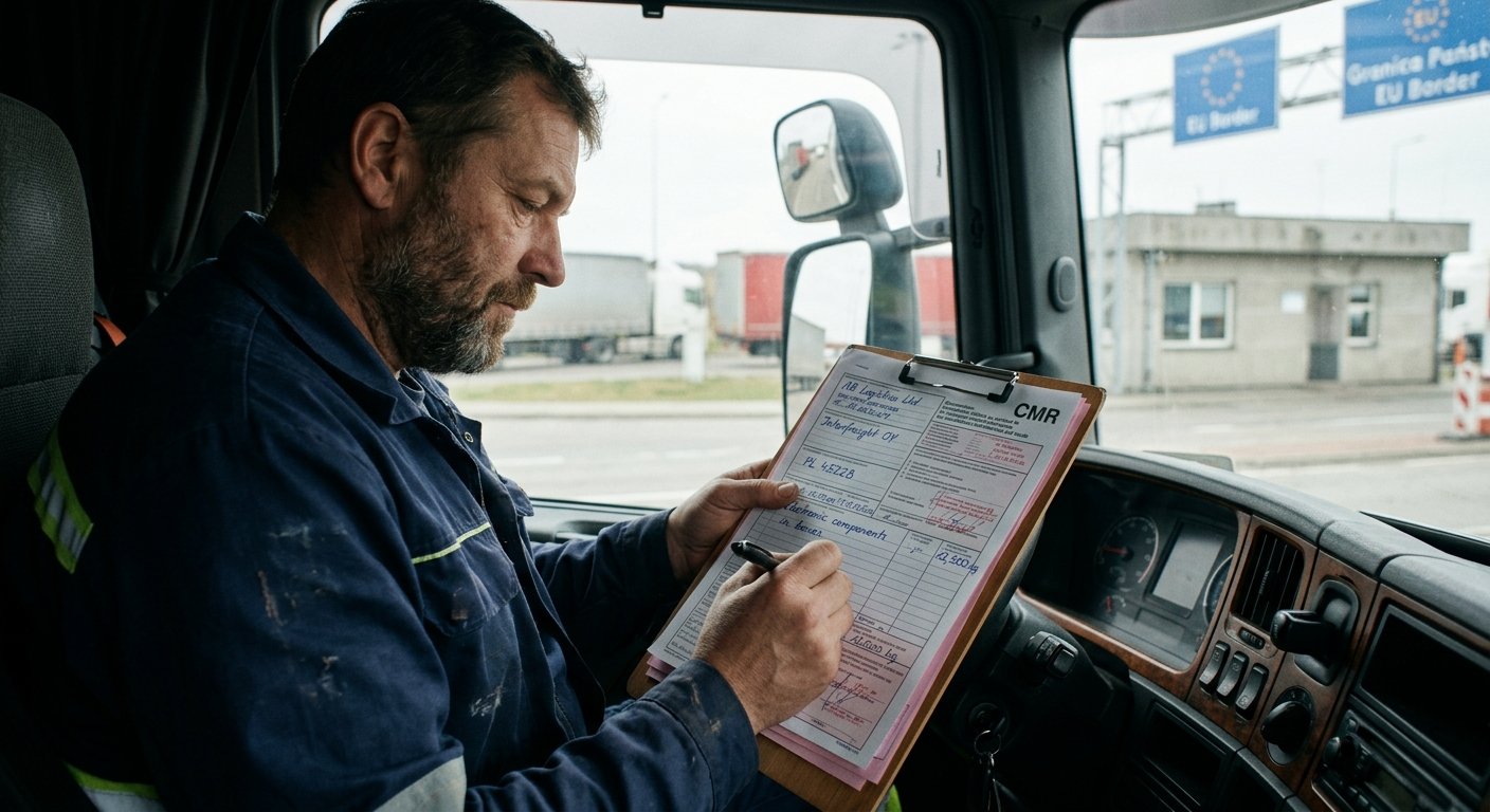 Водитель грузовика заполняет CMR накладную на фоне фуры на европейской границе