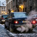 Автомобиль с работающим двигателем на стоянке в европейском городе зимой
