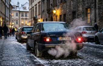 Автомобиль с работающим двигателем на стоянке в европейском городе зимой