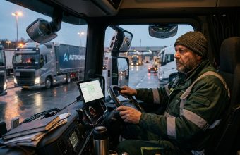 Дальнобойщик в кабине грузовика смотрит на экран с интерфейсом ИИ — страх или возможность