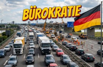 Грузовики в пробке на немецком автобане рядом с мостом на ремонте, 2024 год