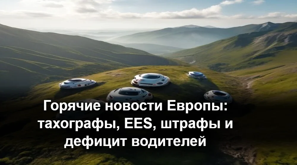 Дальнобойщик категории CE за рулём грузовика на европейской трассе, тахограф и дорожные знаки ЕС