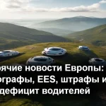 Дальнобойщик категории CE за рулём грузовика на европейской трассе, тахограф и дорожные знаки ЕС