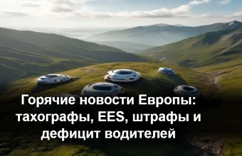 Дальнобойщик категории CE за рулём грузовика на европейской трассе, тахограф и дорожные знаки ЕС