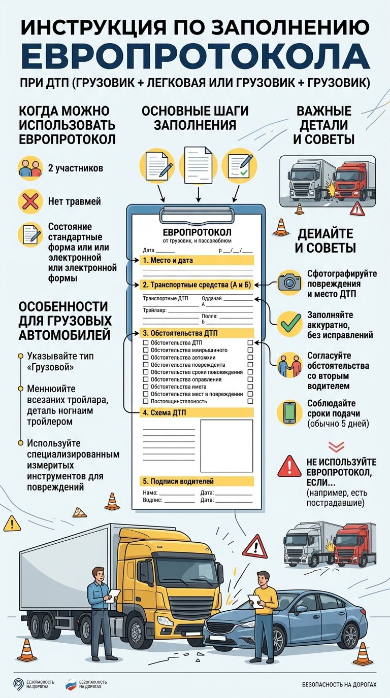 Водитель грузовика заполняет бланк европротокола на месте ДТП рядом с повреждённым автомобилем