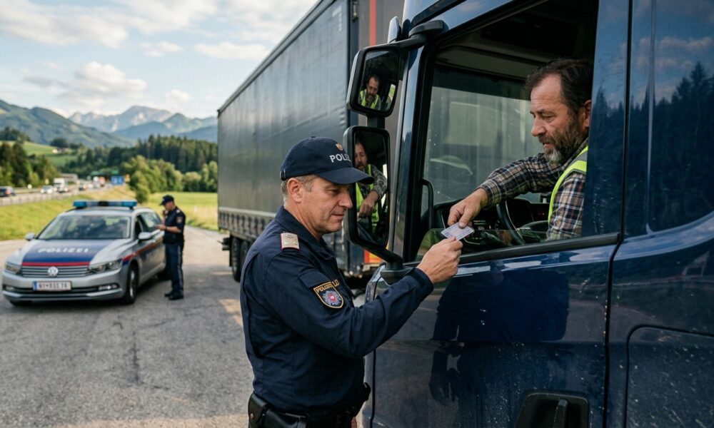 Полицейская проверка грузовика и цифрового тахографа в Австрии
