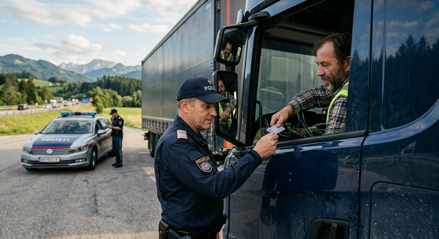 Полицейская проверка грузовика и цифрового тахографа в Австрии