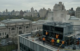 Охладительные башни на крыше музея Гуггенхайма в Нью-Йорке на фоне городского пейзажа — вспышка легионеллёза 2026