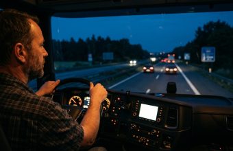 Колонна грузовиков на немецком автобане в летний день, запрет движения для фур свыше 7,5 тонн