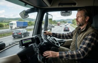 Водитель грузовика в Европе проверяет тахограф — нормы рабочего времени ЕС 2026