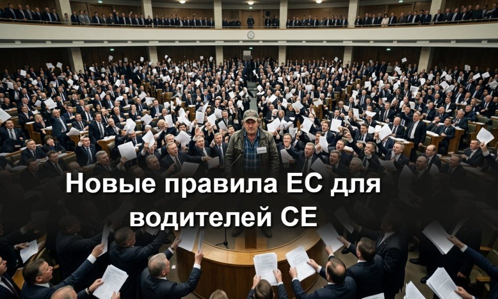 Водитель грузовика CE изучает новые правила ЕС у кабины фуры на европейской трассе