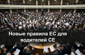 Водитель грузовика CE изучает новые правила ЕС у кабины фуры на европейской трассе