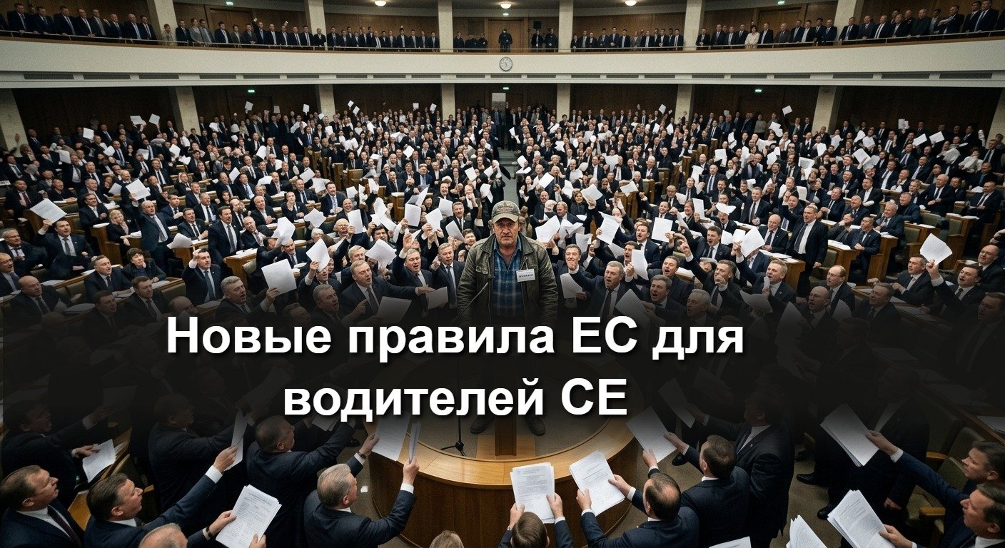 Водитель грузовика CE изучает новые правила ЕС у кабины фуры на европейской трассе