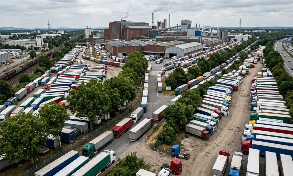 Грузовики припаркованы в промышленной зоне Германии из-за нехватки мест на автобане