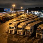 Грузовики на переполненной парковке вдоль автобана в Германии ночью — нехватка мест для CE-водителей
