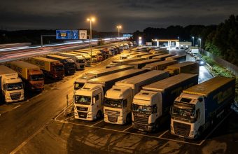 Грузовики на переполненной парковке вдоль автобана в Германии ночью — нехватка мест для CE-водителей