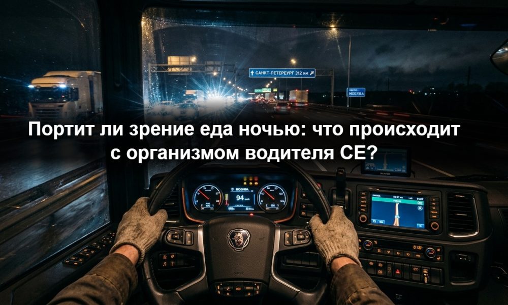 Дальнобойщик CE ест фастфуд в кабине грузовика ночью, усталые глаза и свет приборной панели