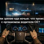 Дальнобойщик CE ест фастфуд в кабине грузовика ночью, усталые глаза и свет приборной панели