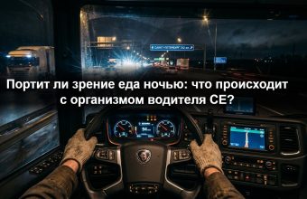 Дальнобойщик CE ест фастфуд в кабине грузовика ночью, усталые глаза и свет приборной панели