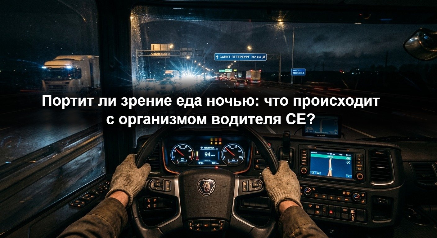 Дальнобойщик CE ест фастфуд в кабине грузовика ночью, усталые глаза и свет приборной панели