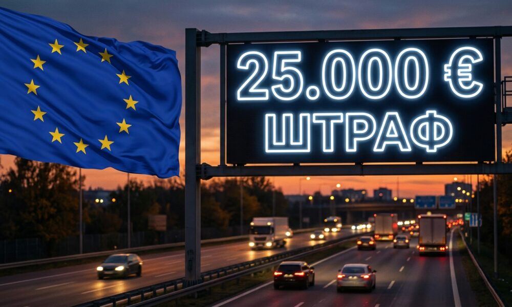 Видеорегистратор на лобовом стекле автомобиля на фоне европейского дорожного знака — штрафы за использование в Европе