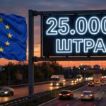 Видеорегистратор на лобовом стекле автомобиля на фоне европейского дорожного знака — штрафы за использование в Европе
