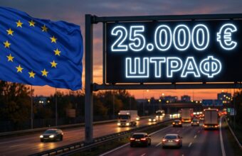 Видеорегистратор на лобовом стекле автомобиля на фоне европейского дорожного знака — штрафы за использование в Европе