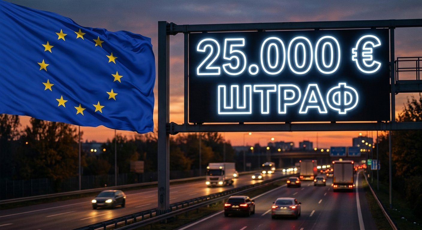Видеорегистратор на лобовом стекле автомобиля на фоне европейского дорожного знака — штрафы за использование в Европе