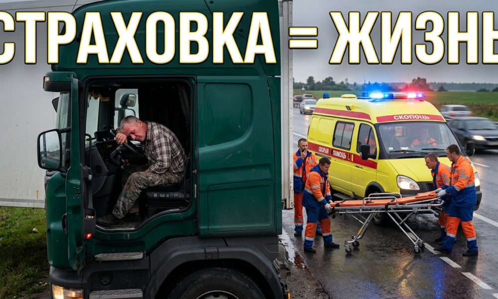 Дальнобойщик с картой EHIC и страховым полисом в кабине грузовика на европейской трассе