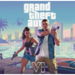Промо-арт Grand Theft Auto VI с двумя вооружёнными персонажами на фоне прибрежного города