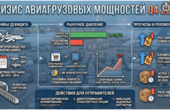 Инфографика «Кризис авиагрузовых мощностей Q4 2025»: причины дефицита (сбои Boeing/Airbus, задержки поставок до 2031–2034, нехватка корпусов P2F), рыночное давление (спрос превышает предложение на 2,4–2,6%, споровый тариф +37%), прогнозы (рост фрахтовых ставок на 15%, блокировка 52% рынка, сжатие мощностей до 2030) и действия для отправителей