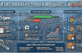 Инфографика «Кризис авиагрузовых мощностей Q4 2025»: причины дефицита (сбои Boeing/Airbus, задержки поставок до 2031–2034, нехватка корпусов P2F), рыночное давление (спрос превышает предложение на 2,4–2,6%, споровый тариф +37%), прогнозы (рост фрахтовых ставок на 15%, блокировка 52% рынка, сжатие мощностей до 2030) и действия для отправителей