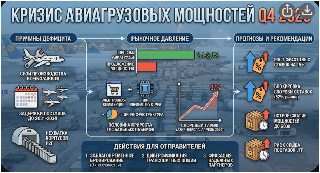 Инфографика «Кризис авиагрузовых мощностей Q4 2025»: причины дефицита (сбои Boeing/Airbus, задержки поставок до 2031–2034, нехватка корпусов P2F), рыночное давление (спрос превышает предложение на 2,4–2,6%, споровый тариф +37%), прогнозы (рост фрахтовых ставок на 15%, блокировка 52% рынка, сжатие мощностей до 2030) и действия для отправителей