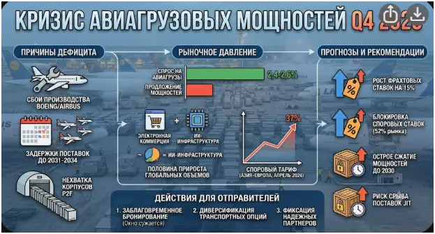 Инфографика «Кризис авиагрузовых мощностей Q4 2025»: причины дефицита (сбои Boeing/Airbus, задержки поставок до 2031–2034, нехватка корпусов P2F), рыночное давление (спрос превышает предложение на 2,4–2,6%, споровый тариф +37%), прогнозы (рост фрахтовых ставок на 15%, блокировка 52% рынка, сжатие мощностей до 2030) и действия для отправителей