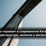 Современный скоростной поезд на эстакаде на фоне футуристического городского пейзажа Китая