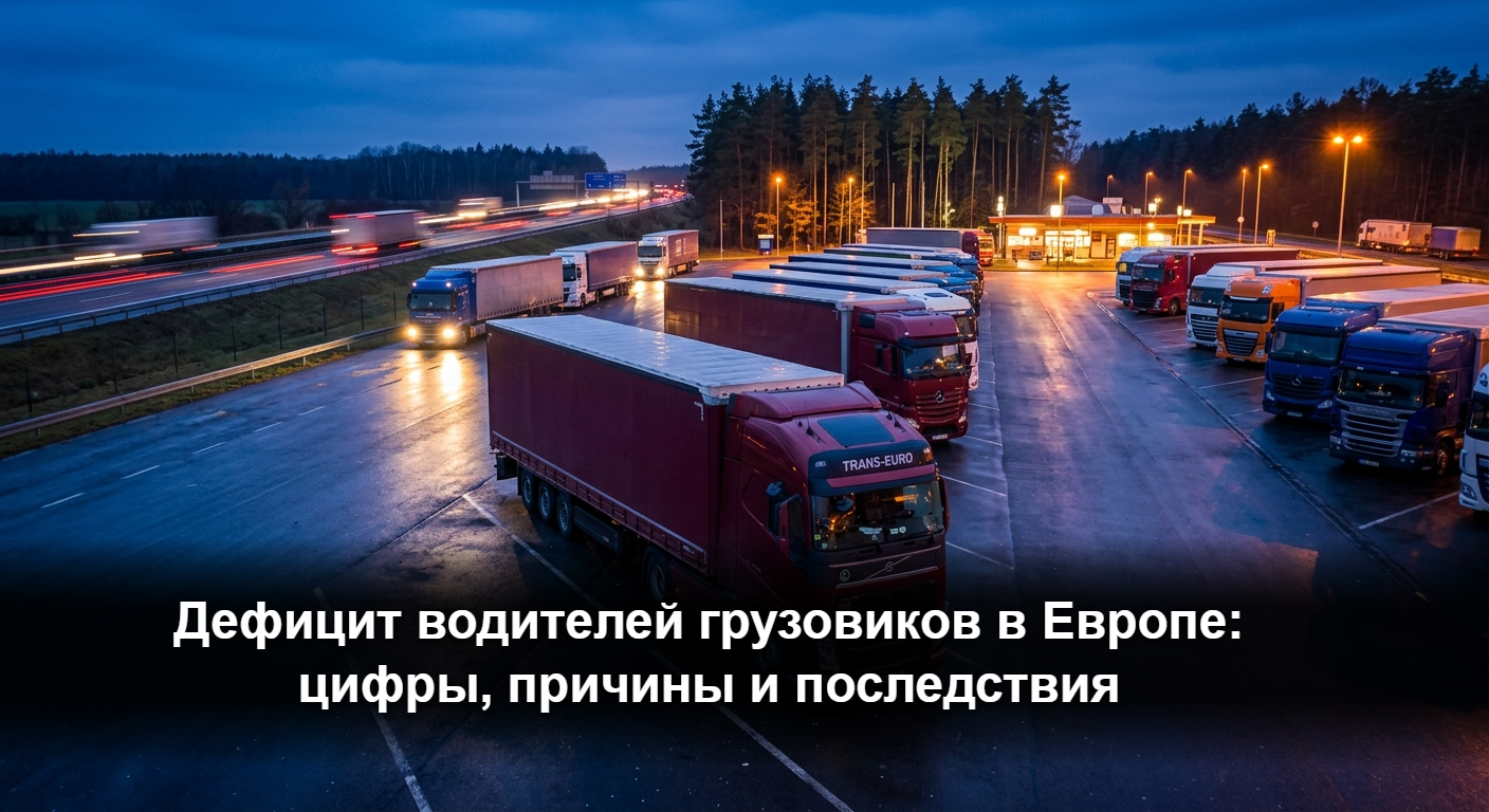 Грузовой автопоезд на европейской трассе — иллюстрация к теме дефицита водителей большегрузов в ЕС