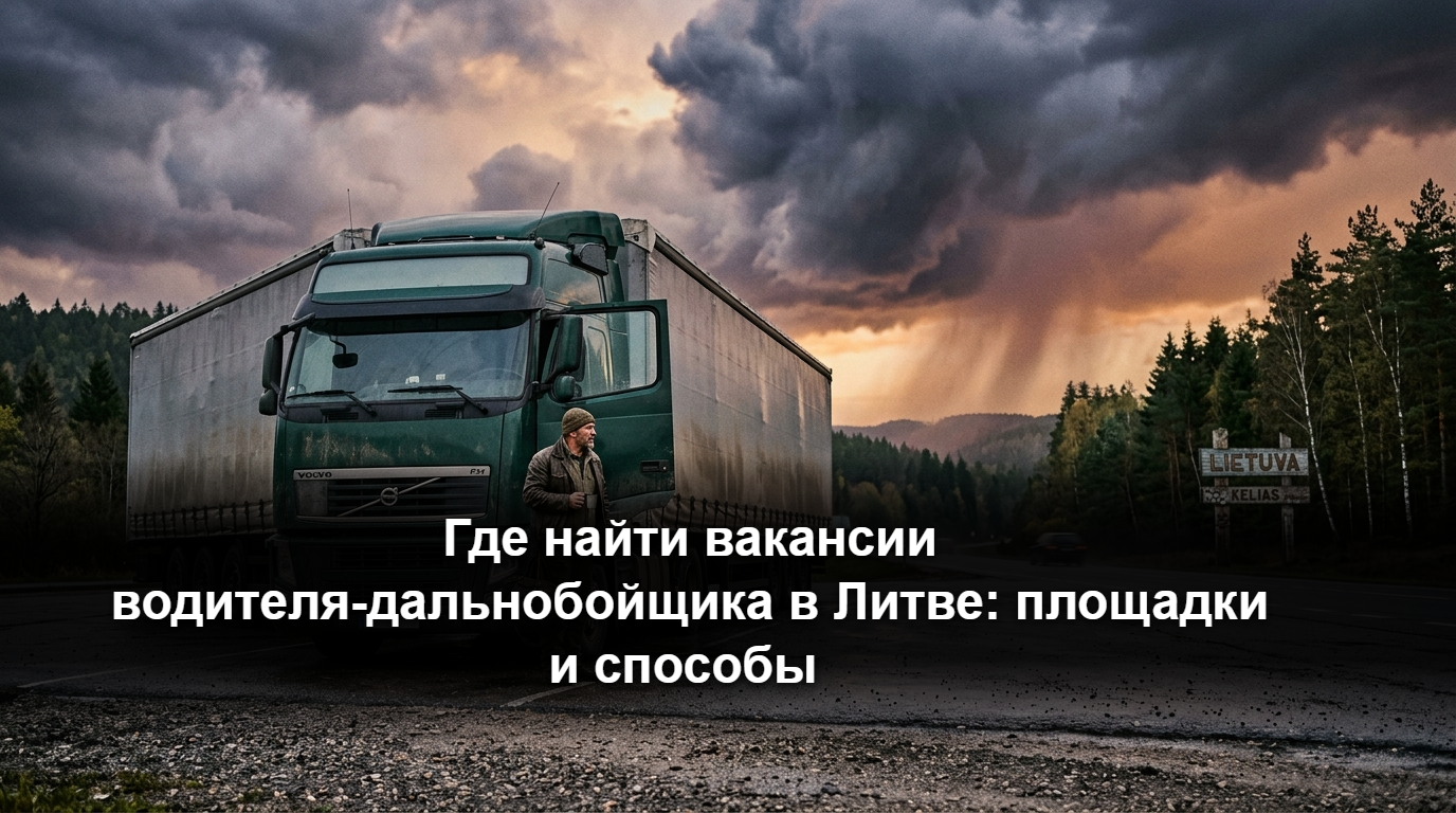 Где найти вакансии водителя-дальнобойщика в Литве: площадки и способы поиска Современный грузовой автомобиль на паркинге логистического центра в Литве