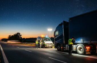 Сотрудники транспортной инспекции проверяют грузовой автомобиль на трассе в Польше