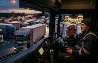 Водитель грузовика в кабине фуры на европейской трассе — зарплаты и условия труда в ЕС